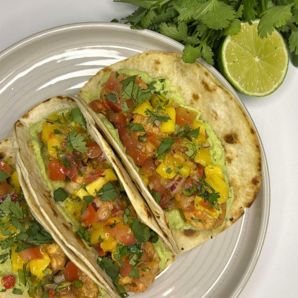 Shrimp Tacos with Creamy Avocado Sauce & Fresh Mango Salsa